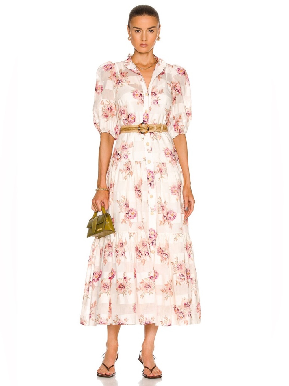 ZIMMERMANN Rosa Striped Midi Dress | Floral Puff-Sleeve Tiered Dress